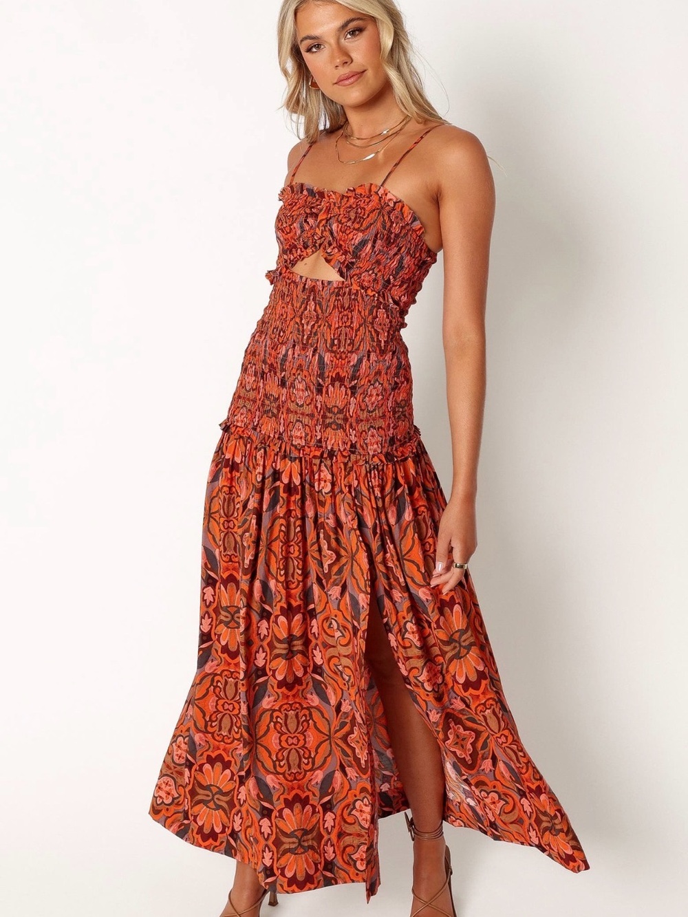 Petal + Pup Cecil Smocked Cutout Maxi Dress Rust Floral Size L